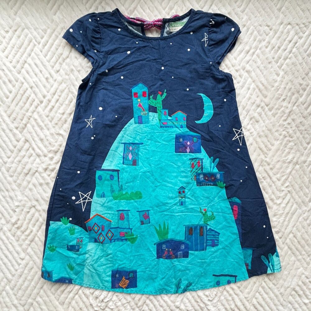 Fabula Girls Size 8 Night Sky Village Print Short Sleeve Cotton A-Line Dress